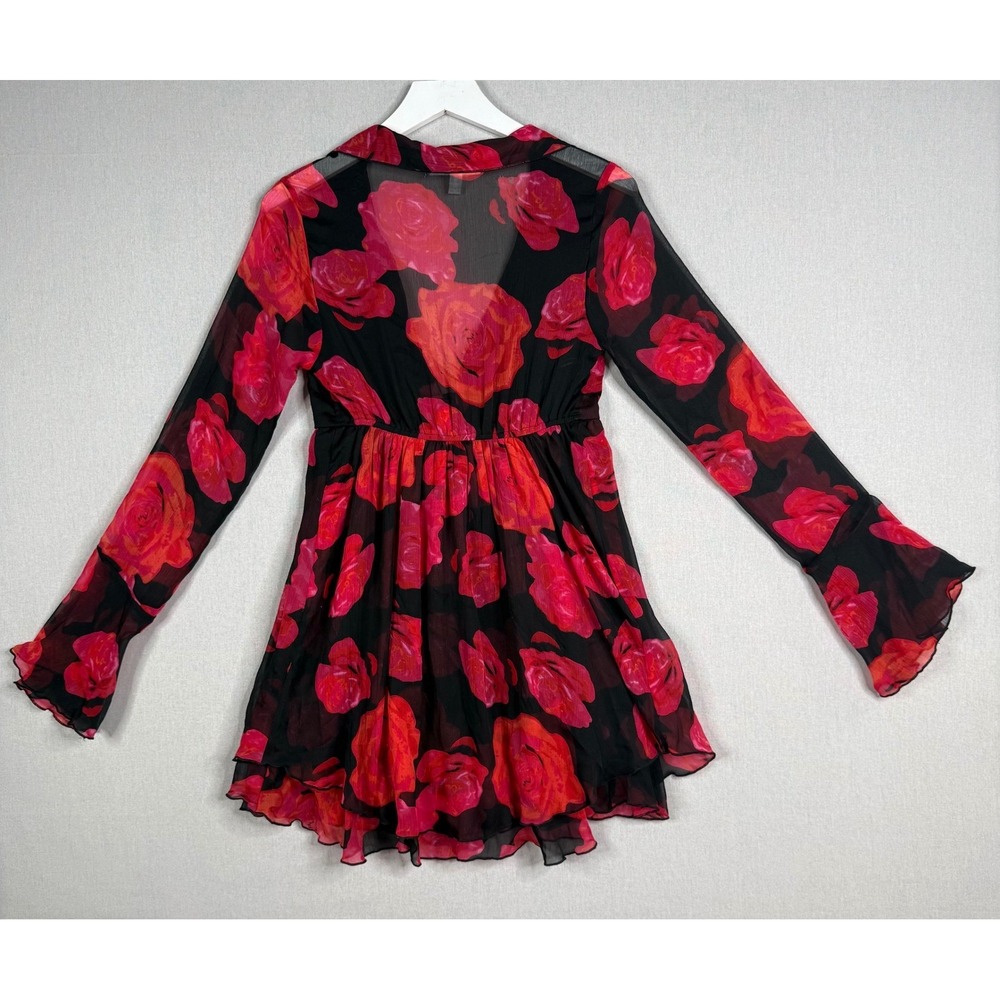 Urban Outfitters Kiki Tie Front Mini Dress Womens M Black Red Floral FLAW - Picture 3 of 10